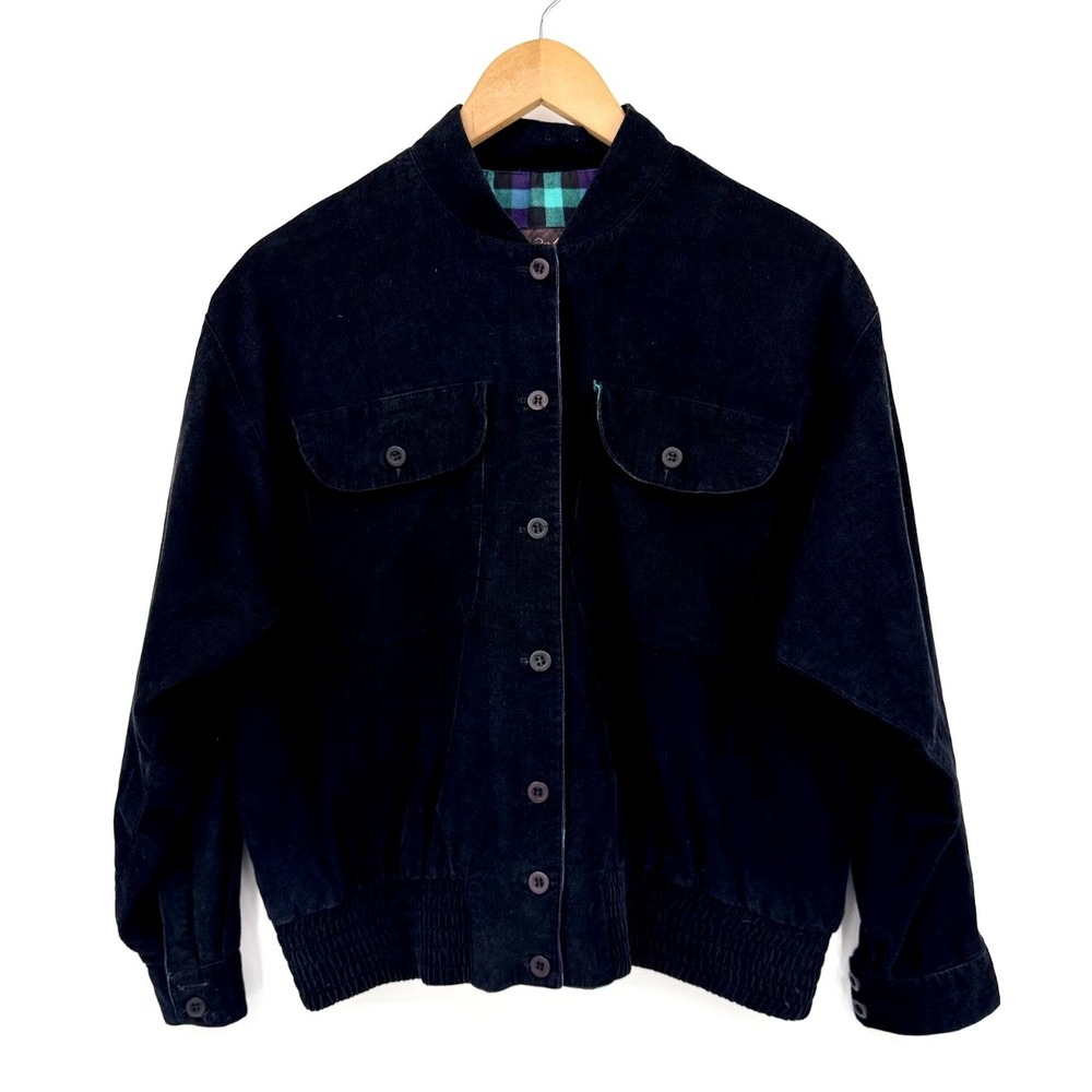 Alexander‎ Campbell Black Corduroy Bomber Jacket Plaid Lined Size 6 Vintage 90's